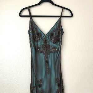 Teal and Chocolate Sheer Beaded Prom Evening Gown